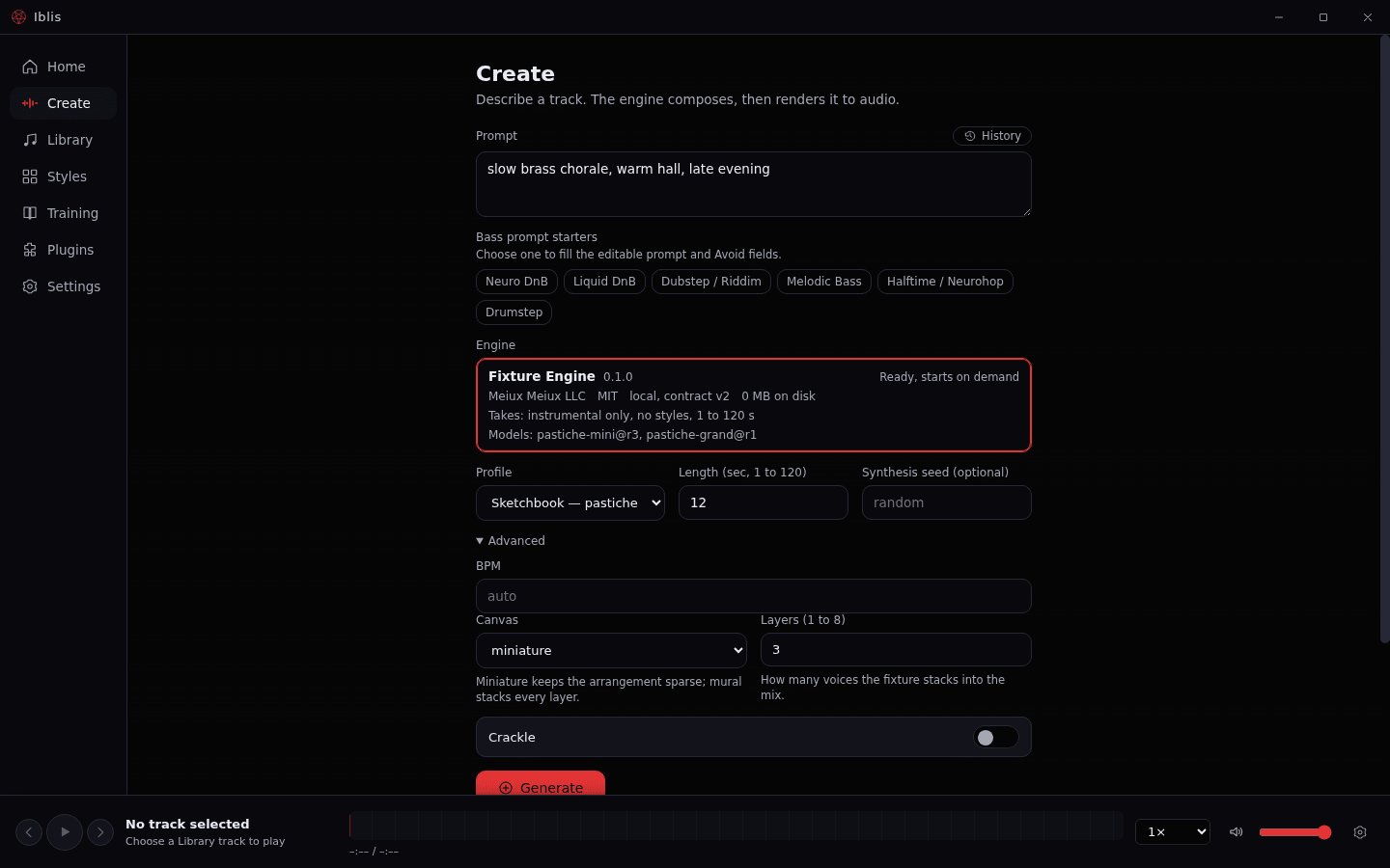 Create view: prompt, engine card, profile, and the engine's own advanced controls