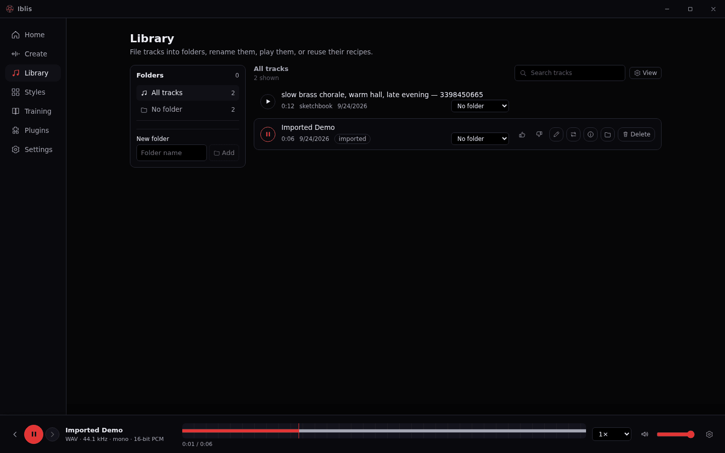 Library view: folders, generated and imported tracks, and the persistent player
