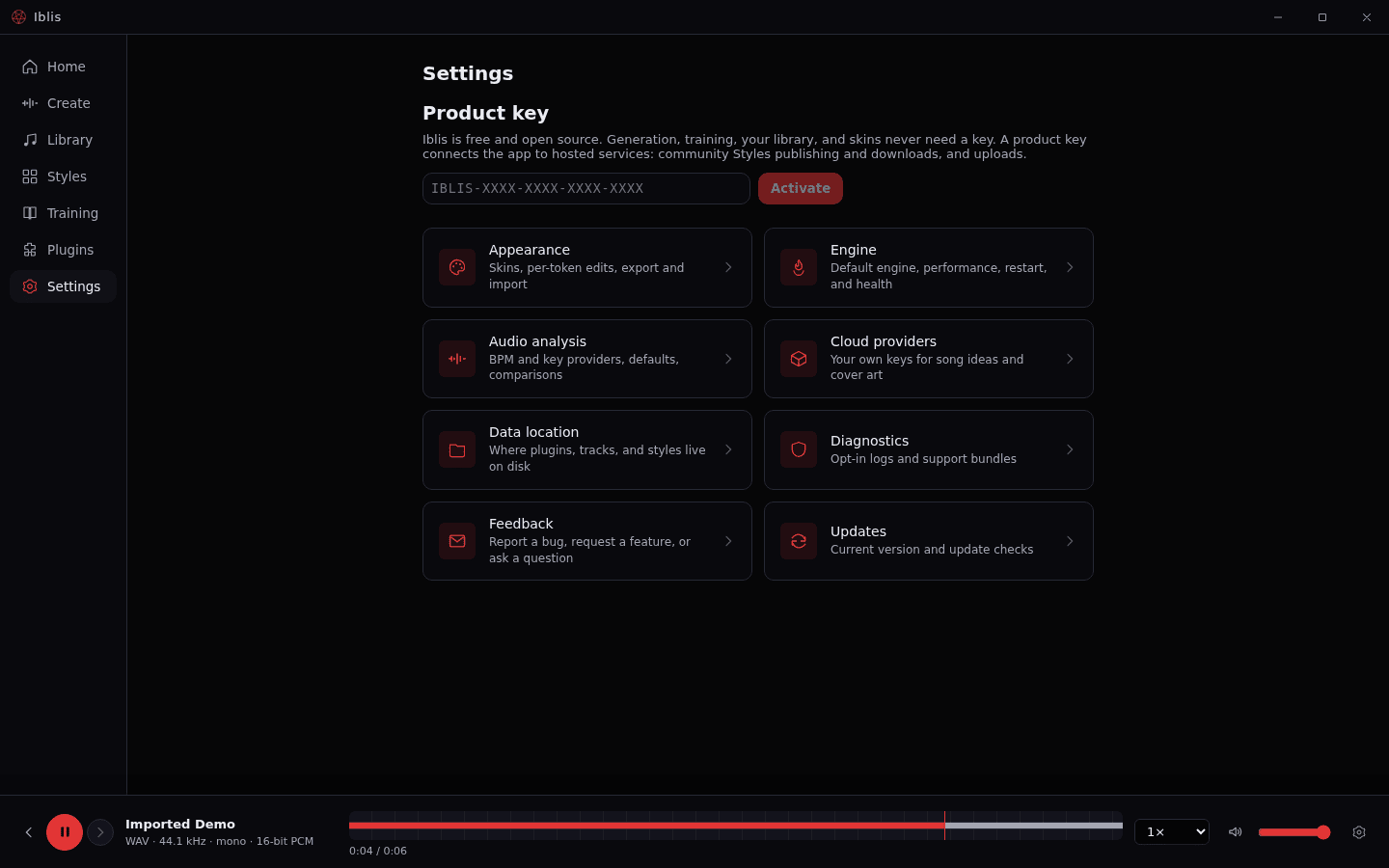 Settings hub: cards for Appearance, Engine, Audio analysis, Cloud providers, Data location, Diagnostics, Feedback, and Updates